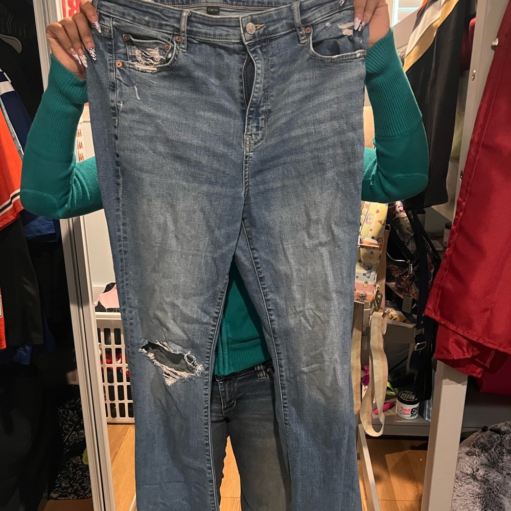 American Eagle Outfitters Blue Distressed Straight Leg Jeans
